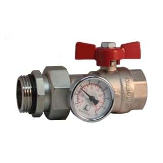 MF brass ball valve PN25 with pipe union and thermometer