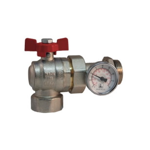 Angle pipe union MF ball valve PN 25 and thermometer