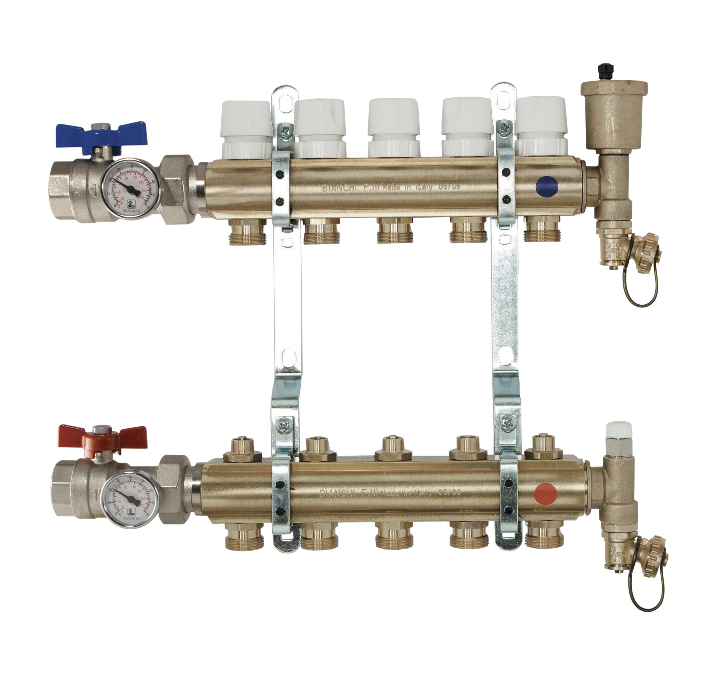 Brass manifolds therm. valves and lockshield, valves, disch.