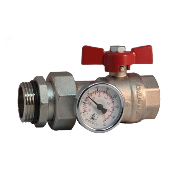 MF brass ball valve PN25 with pipe union and thermometer %>