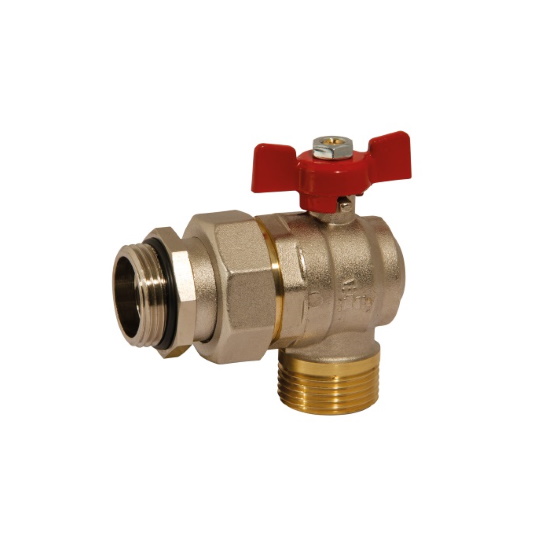 Angle MM ball valve PN25 with pipe union, butterfly handle %>