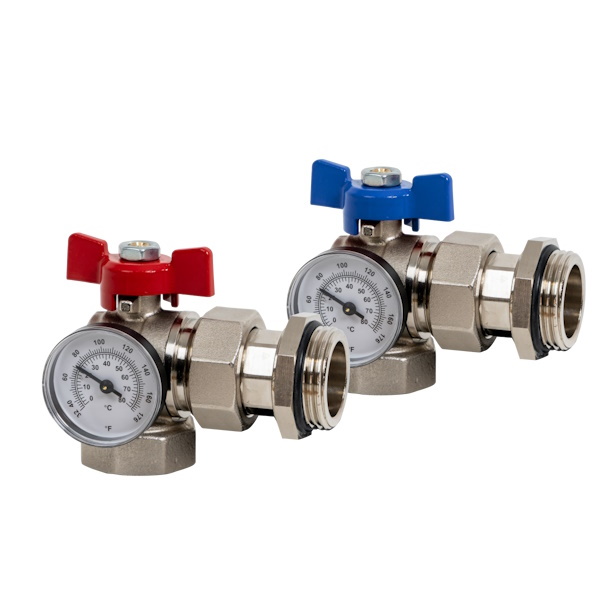 Kit angle pipe union MF ball valve PN25 with thermometer %>